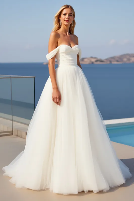 Crepe Tulle A Line Ivory Off The Shoulder Wedding Dress sold by Zapaka