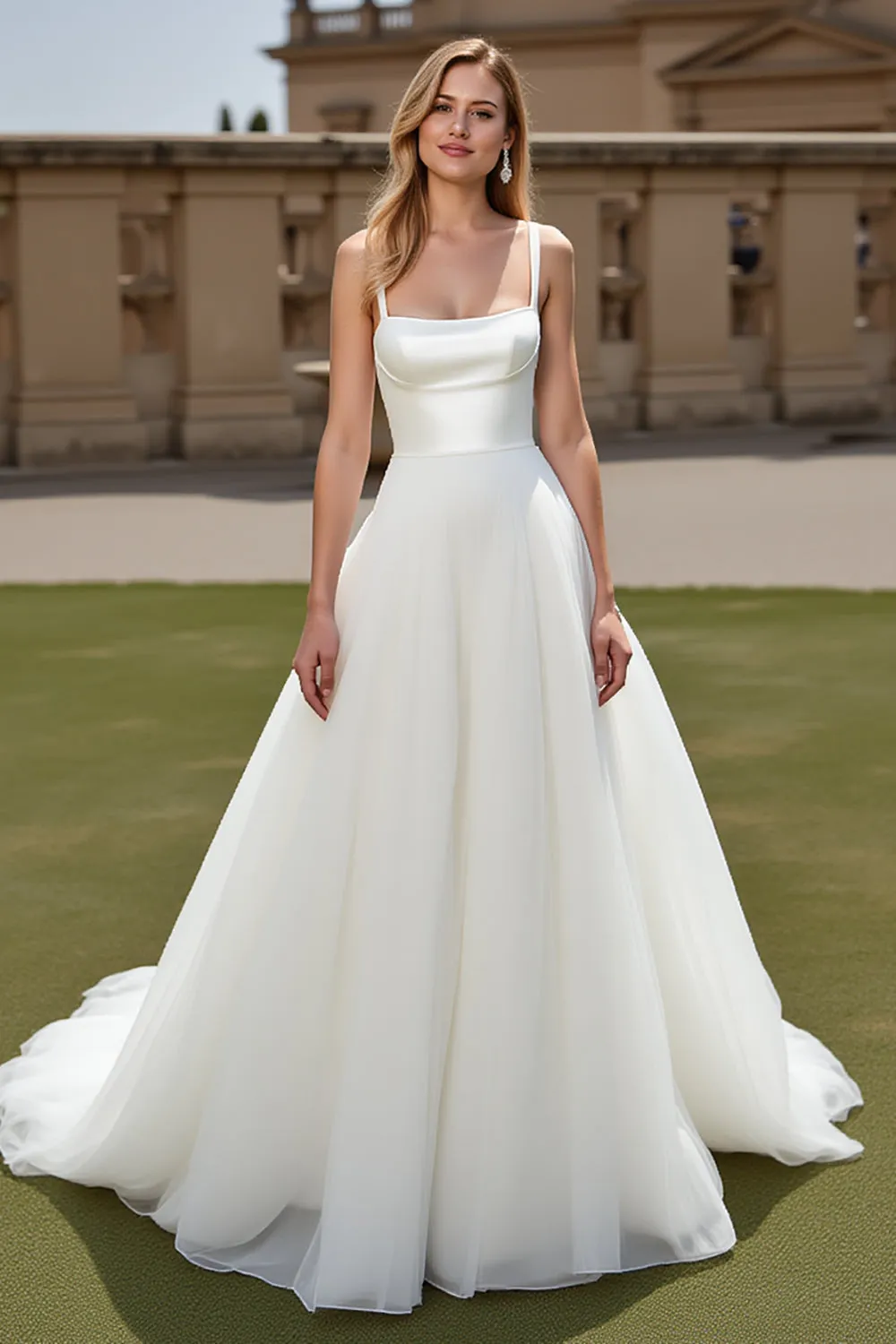 Ivory Spaghetti Straps A Line Organza Satin Wedding Dress sold by Zapaka