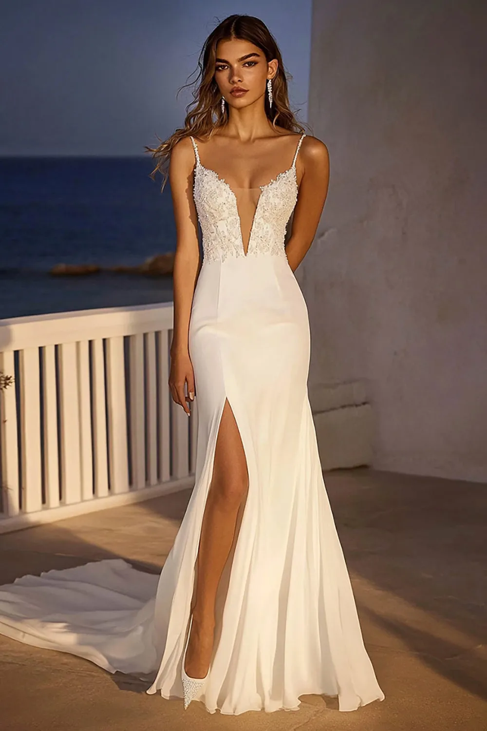 Lace Spaghetti Straps Mermaid Tulle Wedding Dress With Slit sold by Zapaka