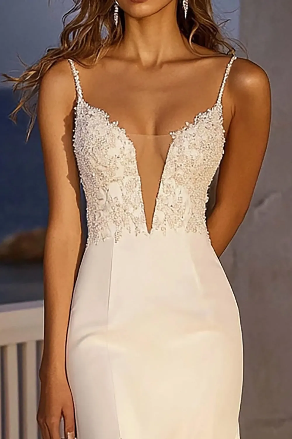 Lace Spaghetti Straps Mermaid Tulle Wedding Dress With Slit sold by Zapaka product image thumbnail 2