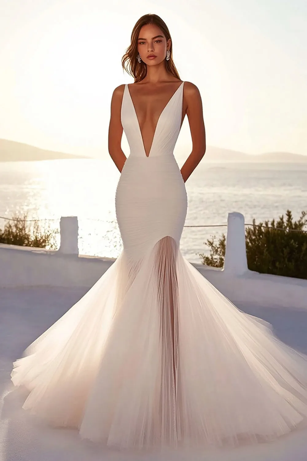 Deep V Neck Mermaid Ivory Tulle Pleated Wedding Dress sold by Zapaka