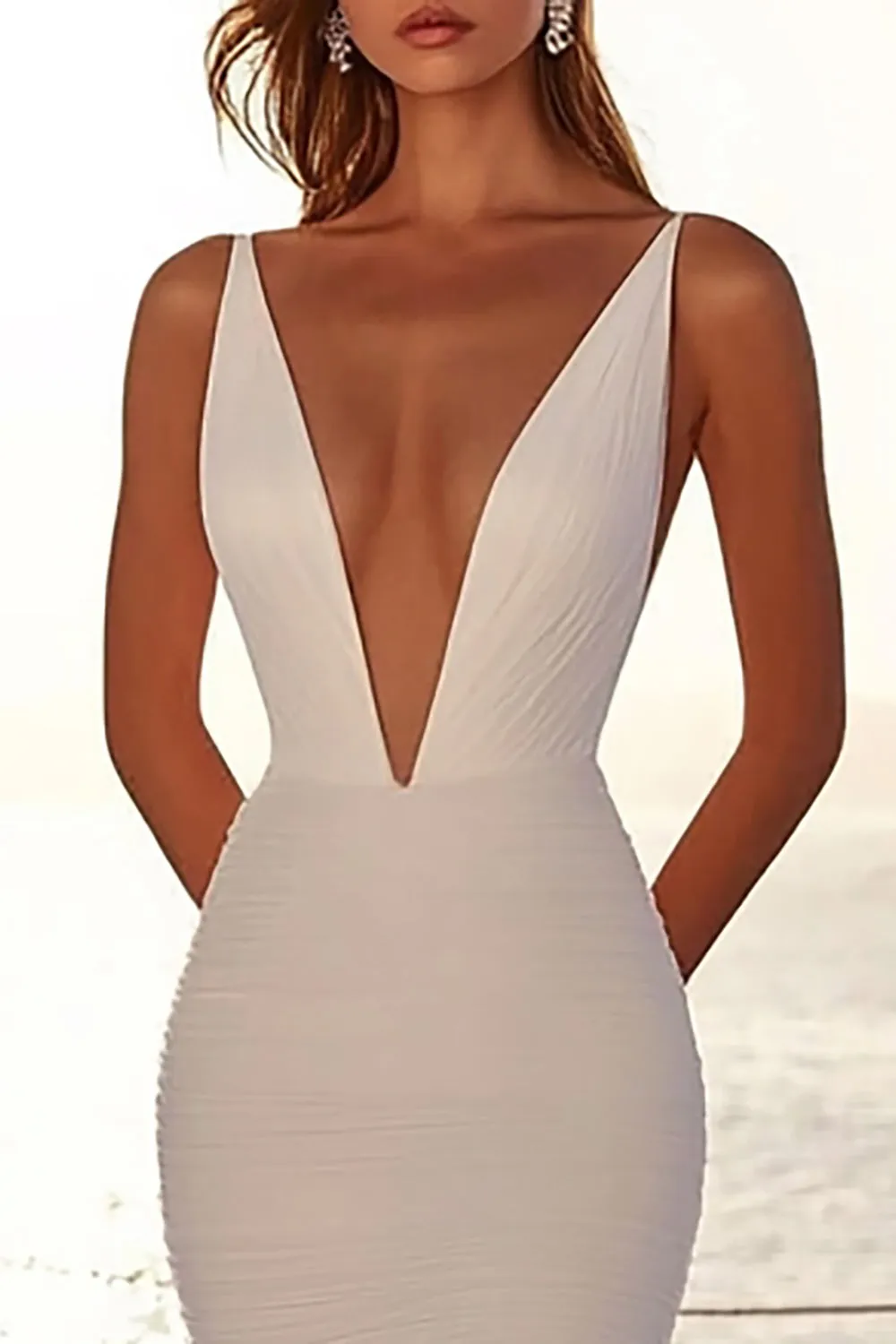 Deep V Neck Mermaid Ivory Tulle Pleated Wedding Dress sold by Zapaka product image thumbnail 2