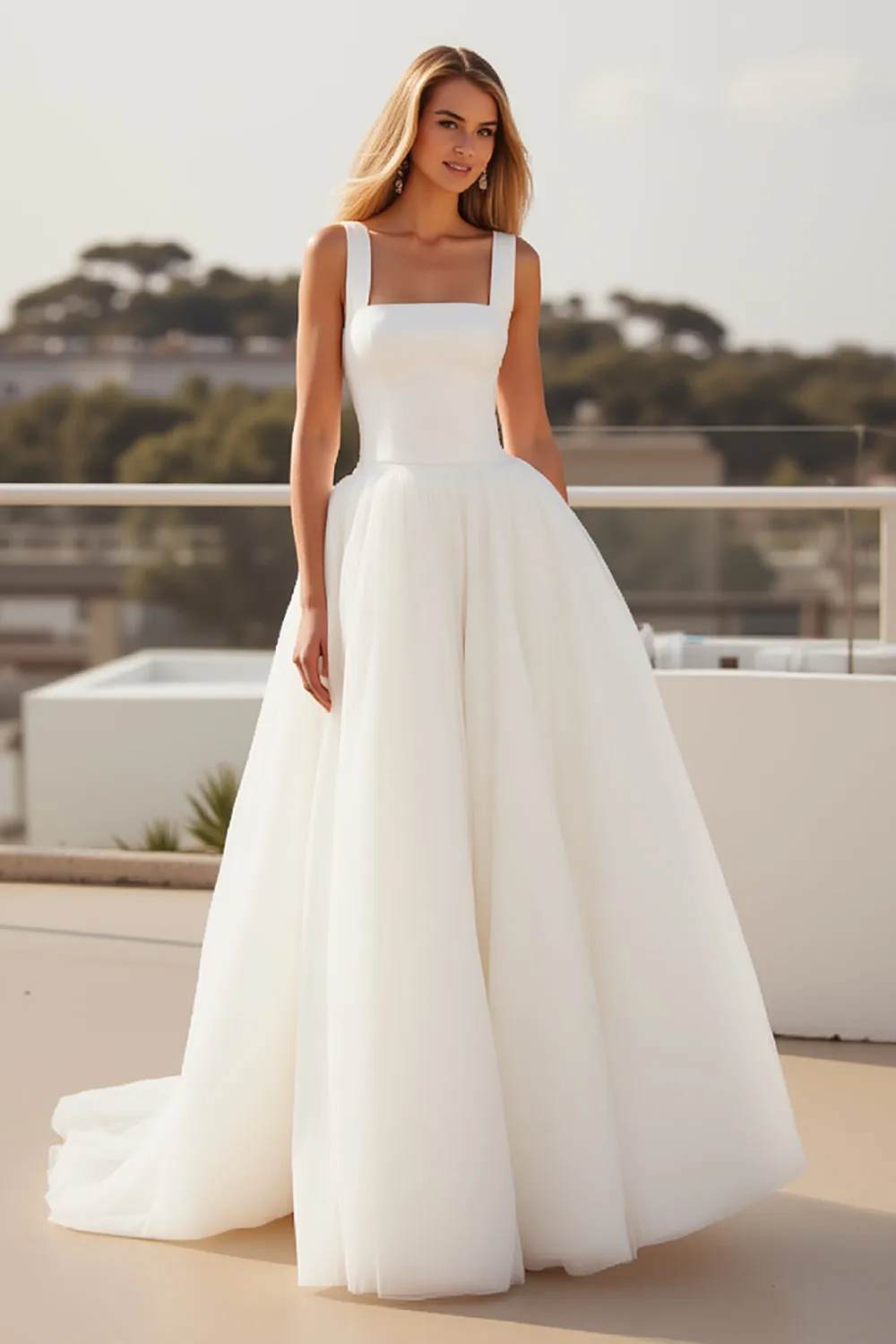 Ivory Spaghetti Straps A Line Crepe Tulle Wedding Dress sold by Zapaka