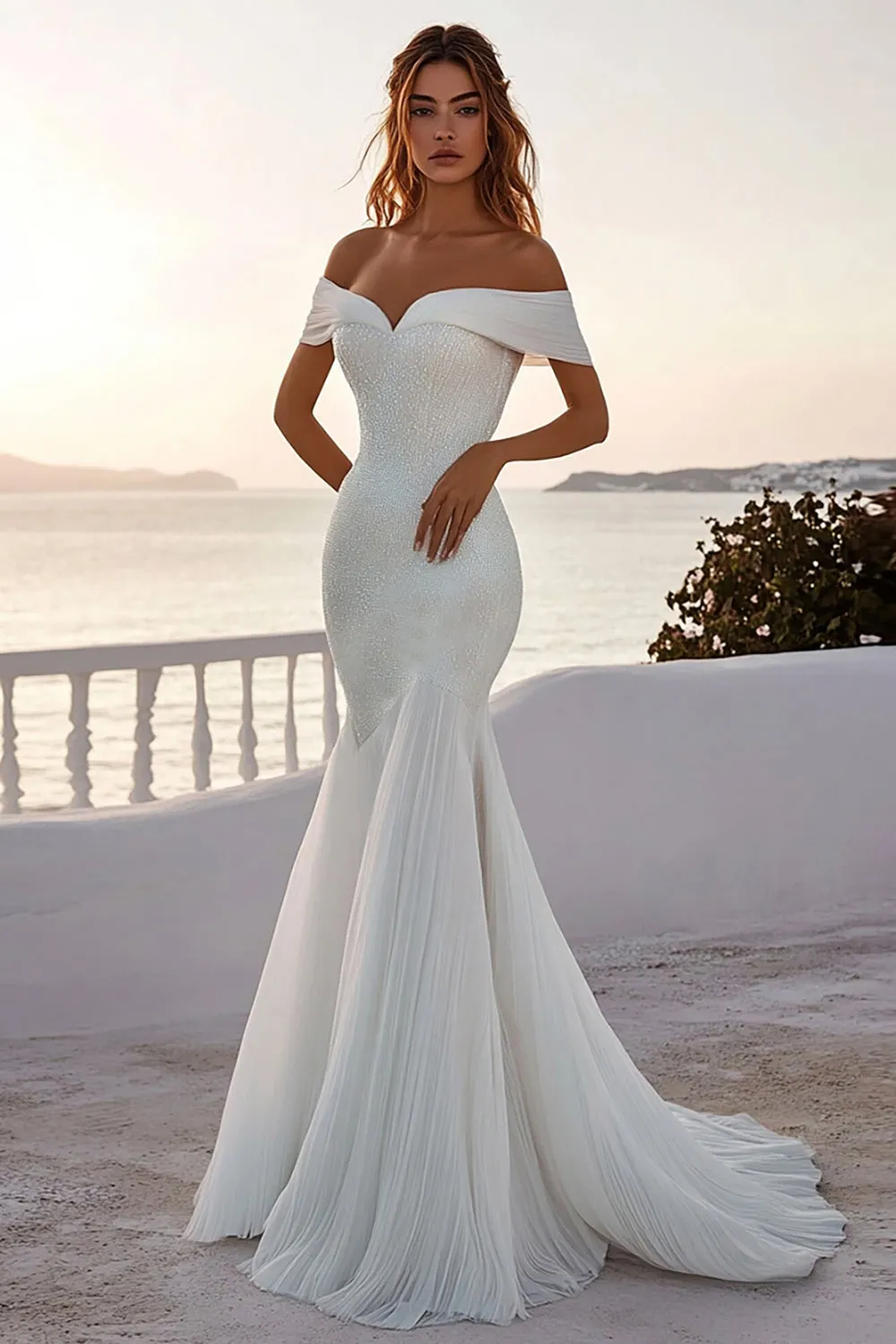 Off The Shoulder Mermaid Ivory Chiffon Wedding Dress With Sequins sold by Zapaka