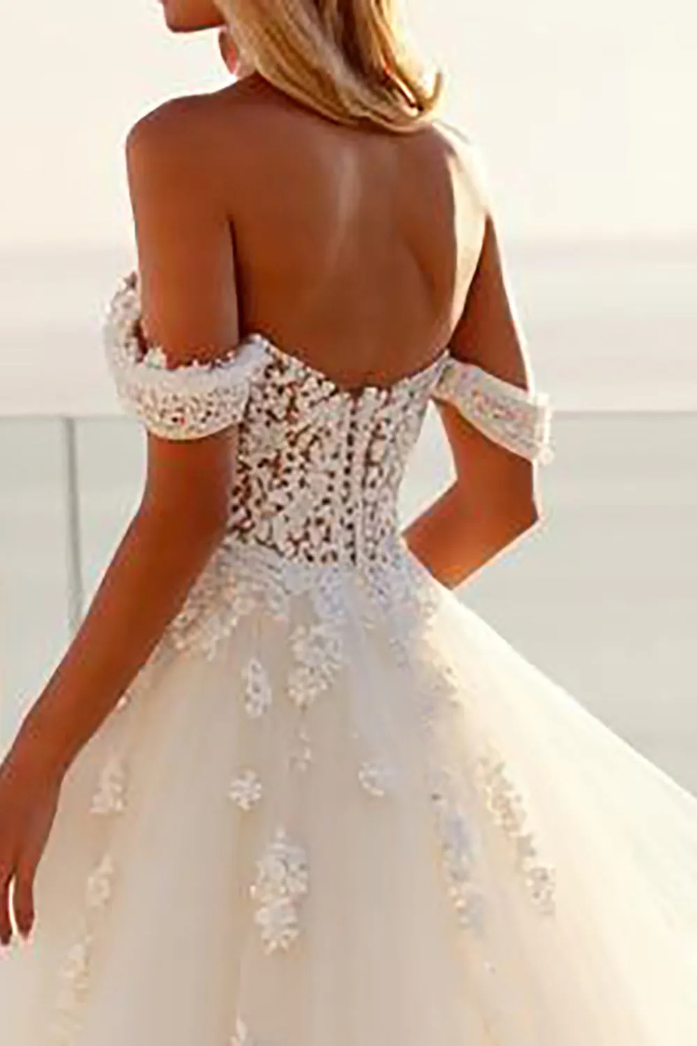 Off The Shoulder Lace Tulle Ivory A Line Wedding Dress sold by Zapaka product image thumbnail 4