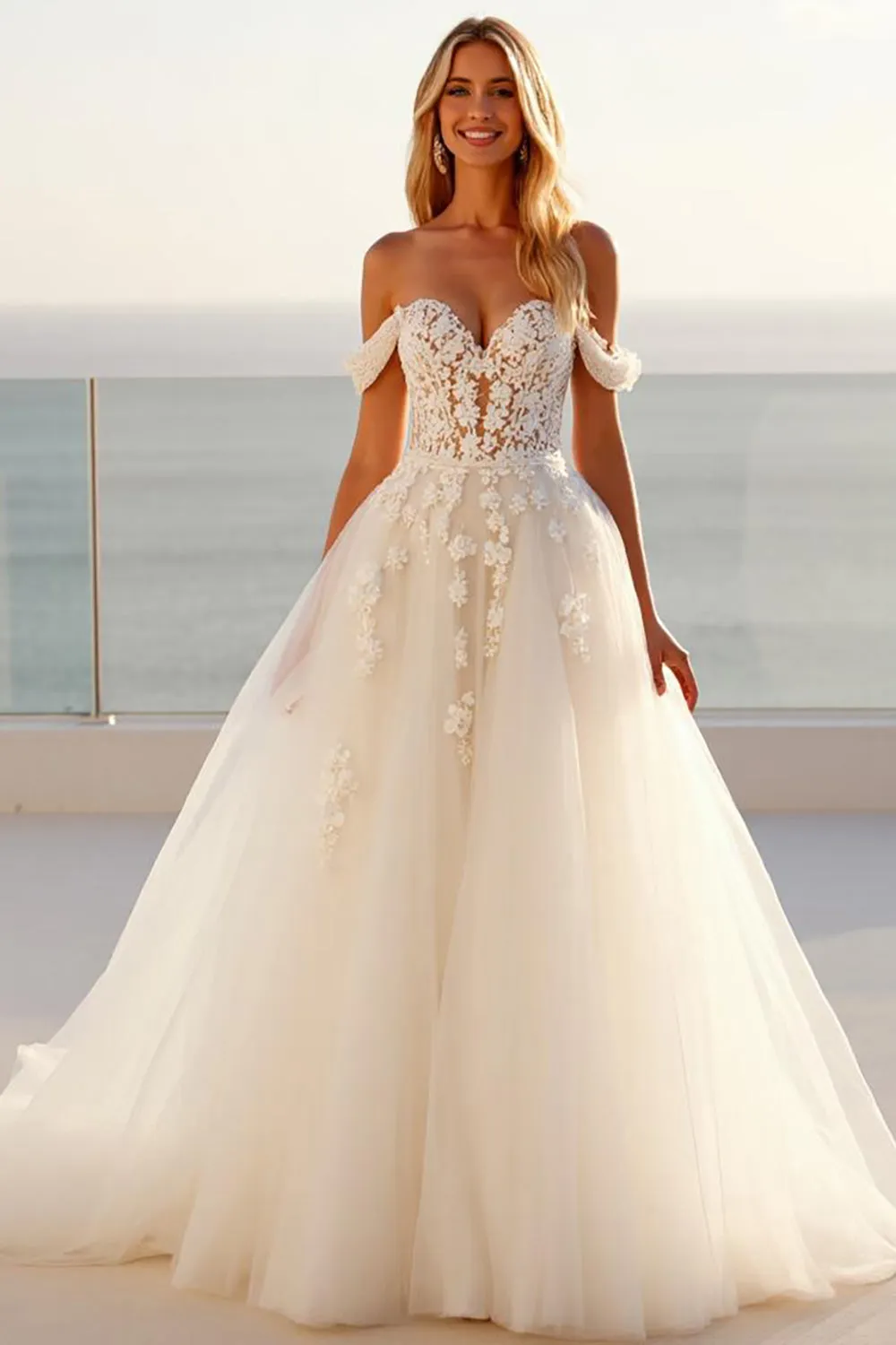 Off The Shoulder Lace Tulle Ivory A Line Wedding Dress sold by Zapaka