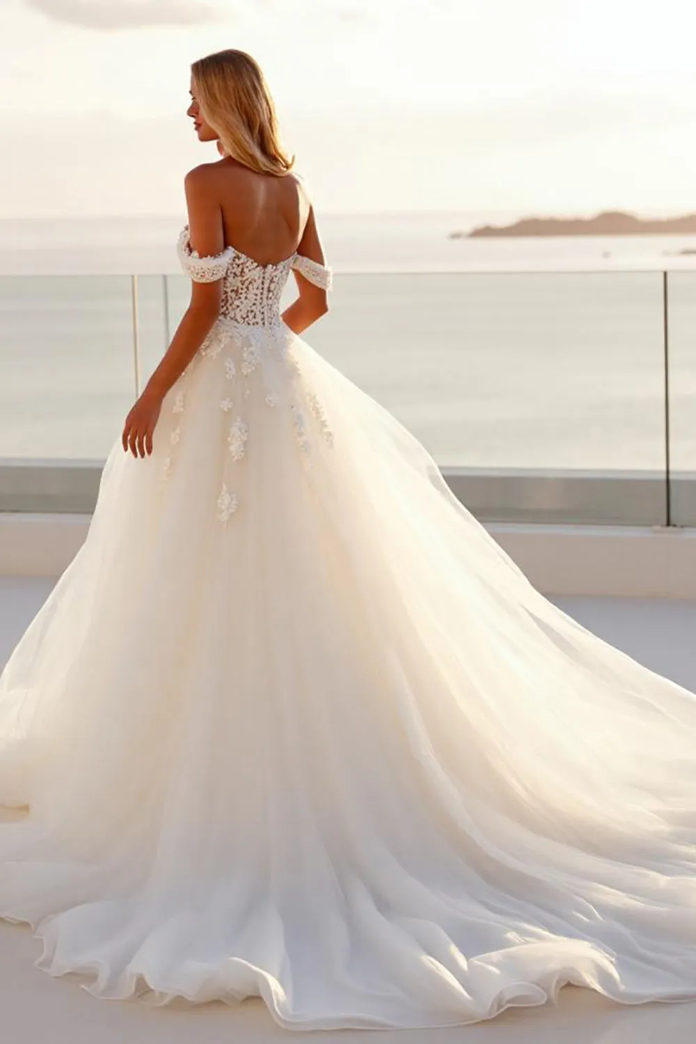 Off The Shoulder Lace Tulle Ivory A Line Wedding Dress sold by Zapaka product image thumbnail 2