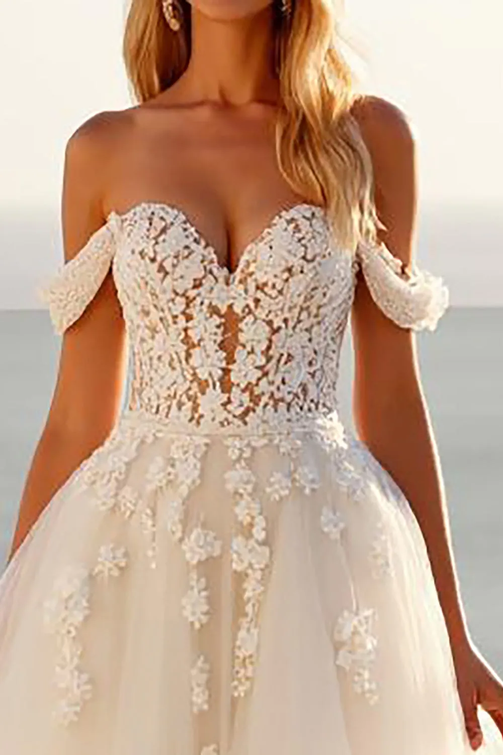 Off The Shoulder Lace Tulle Ivory A Line Wedding Dress sold by Zapaka product image thumbnail 3