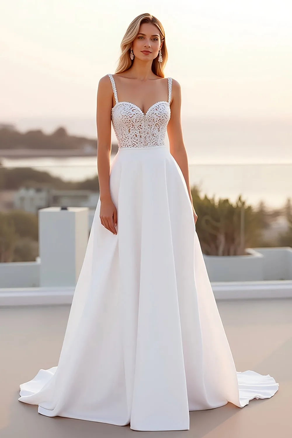 Spaghetti Straps Lace A Line Crepe Ivory Wedding Dress sold by Zapaka