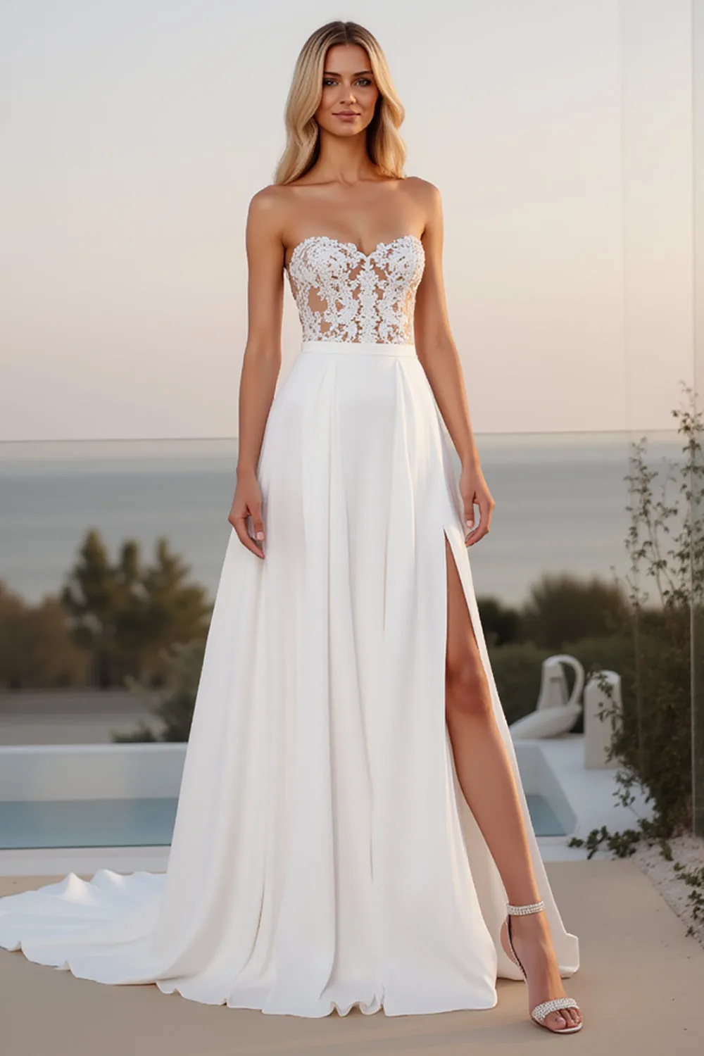 Lace Strapless A Line Ivory Wedding Dress With Slit sold by Zapaka