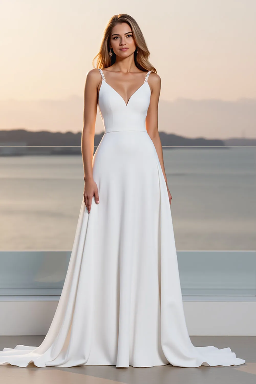 Crepe Spaghetti Straps A Line Ivory Wedding Dress sold by Zapaka