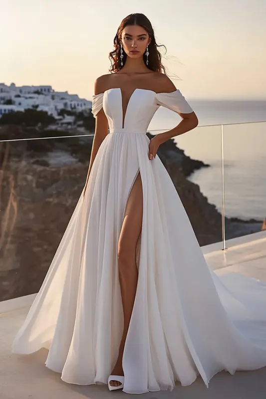 A Line lvory Off The Shoulder Long Wedding Dress With Slit sold by Zapaka