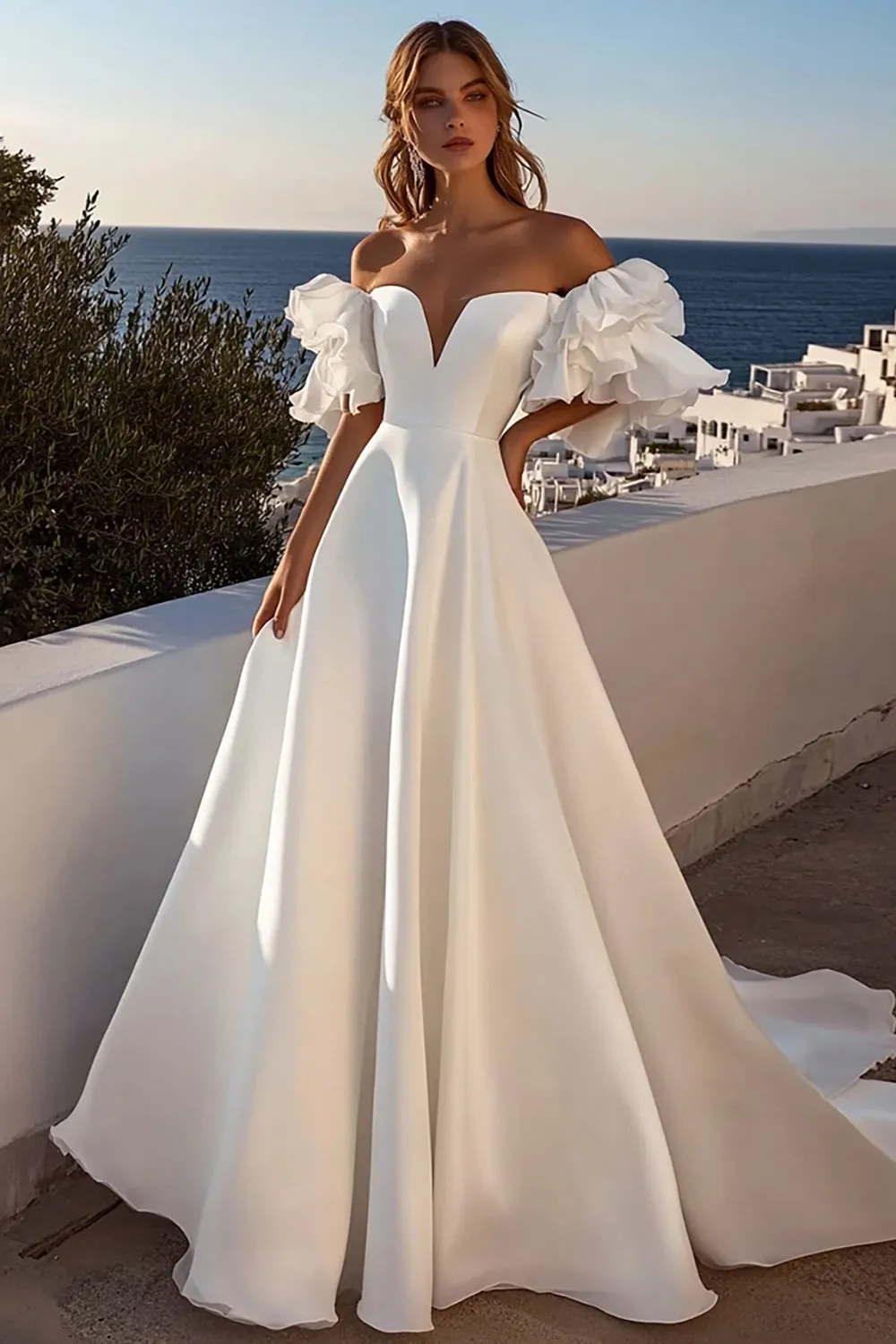 Ivory Off The Shoulder Ruffled Satin A Line Wedding Dress sold by Zapaka