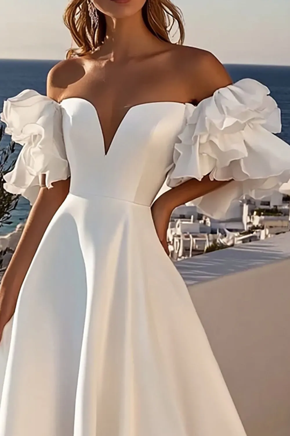 Ivory Off The Shoulder Ruffled Satin A Line Wedding Dress sold by Zapaka product image thumbnail 2