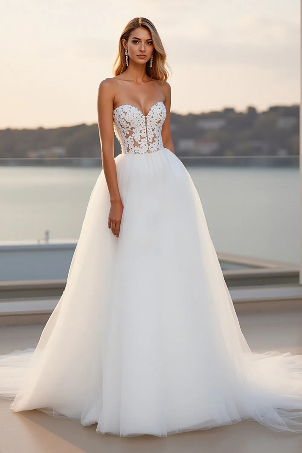 Lace Strapless A Line Tulle Ivory Wedding Dress sold by Zapaka