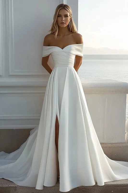 Off The Shoulder A Line Ivory Satin Wedding Dress With Slit made by Zapaka