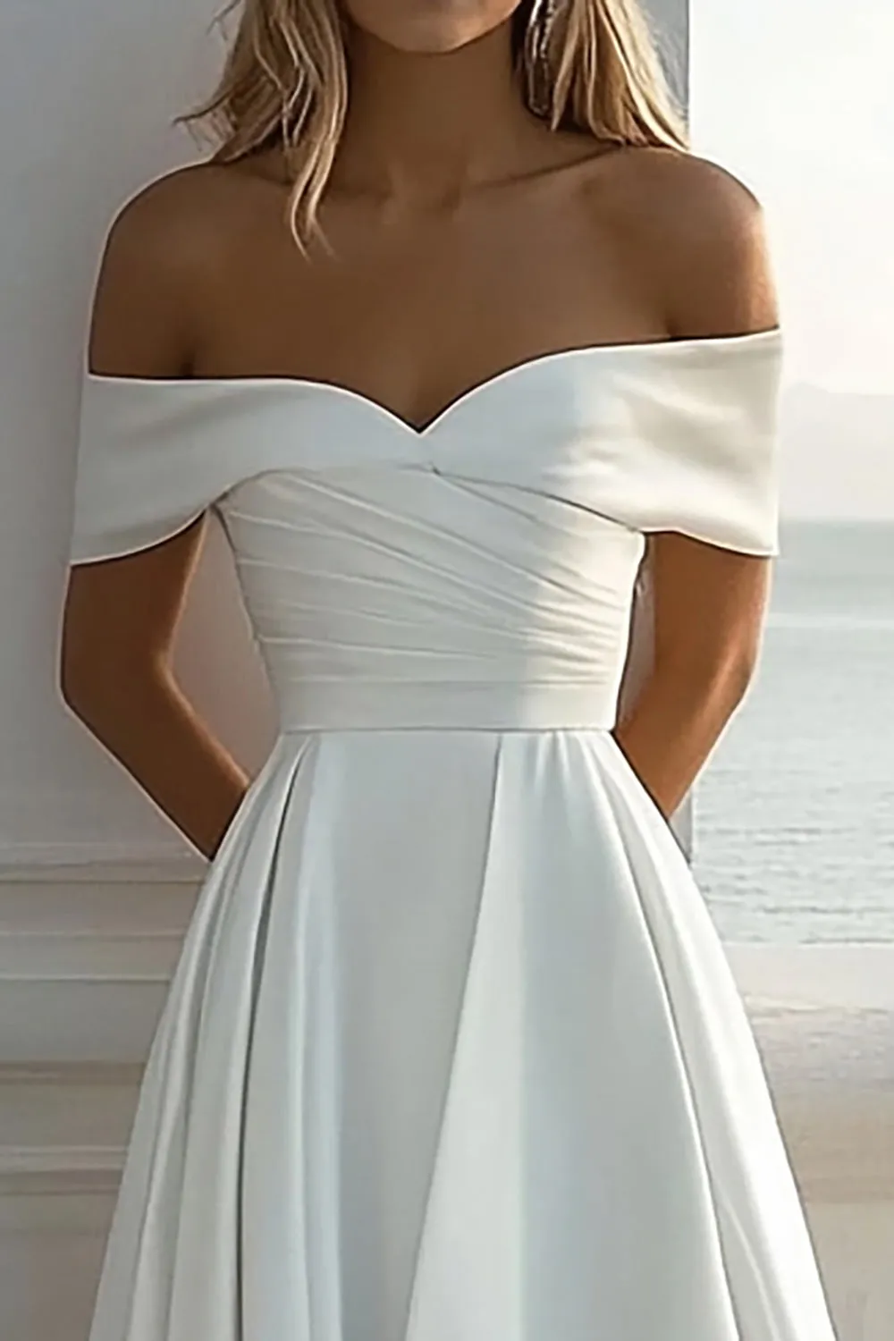 Off The Shoulder A Line Ivory Satin Wedding Dress With Slit sold by Zapaka product image thumbnail 2