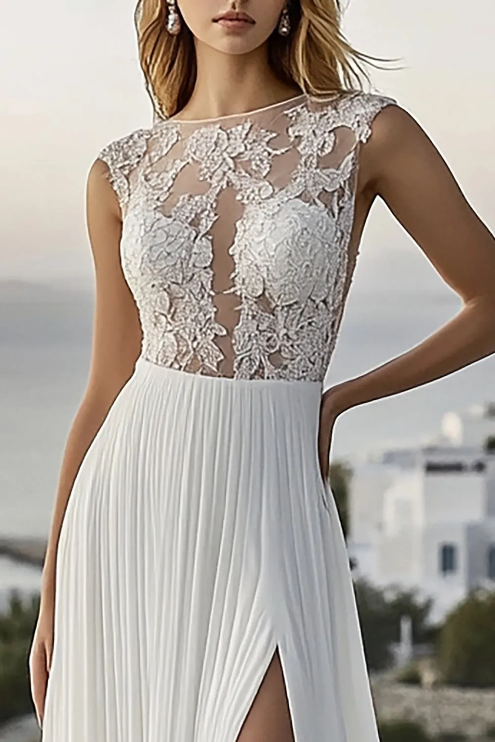 Chiffon Lace Round Neck Ivory Pleated A Line Wedding Dress With Slit sold by Zapaka product image thumbnail 2