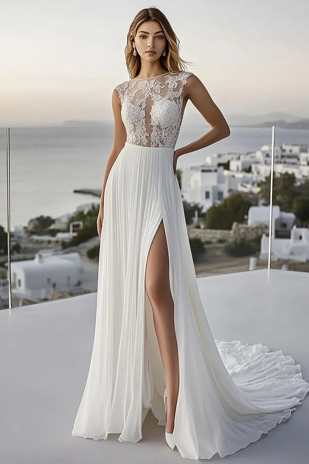 Chiffon Lace Round Neck Ivory Pleated A Line Wedding Dress With Slit sold by Zapaka