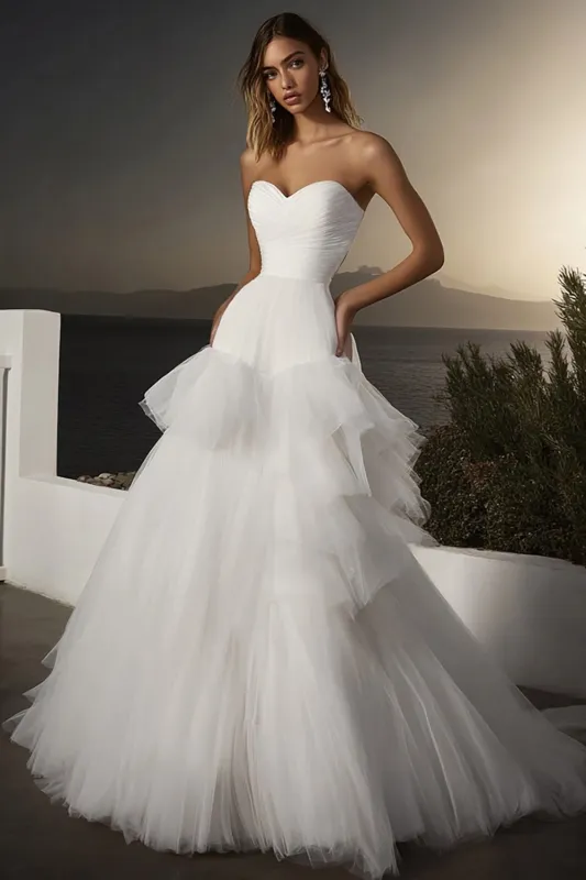 Strapless A Line Tulle Ivory Wedding Dress made by Zapaka