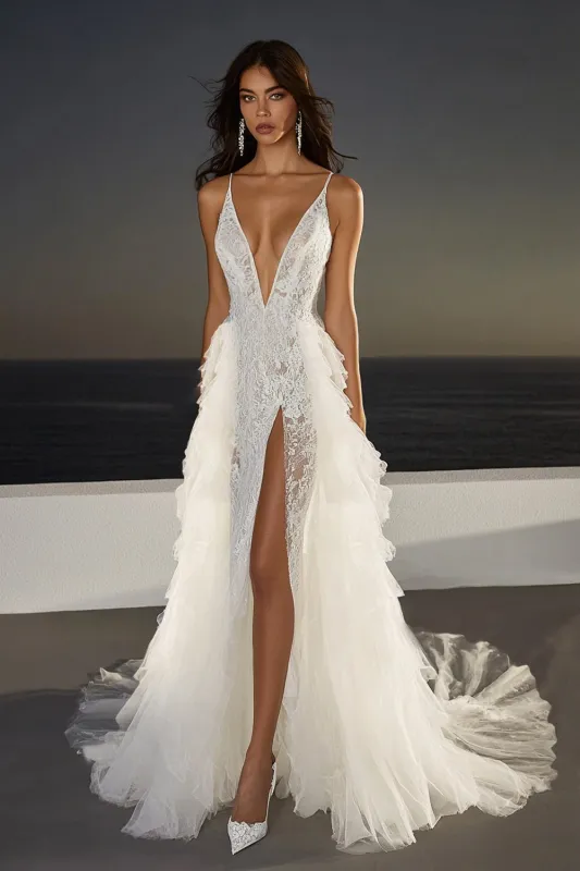 Tulle Lace Spaghetti Straps Ruffled A Line Wedding Dress With Slit sold by Zapaka