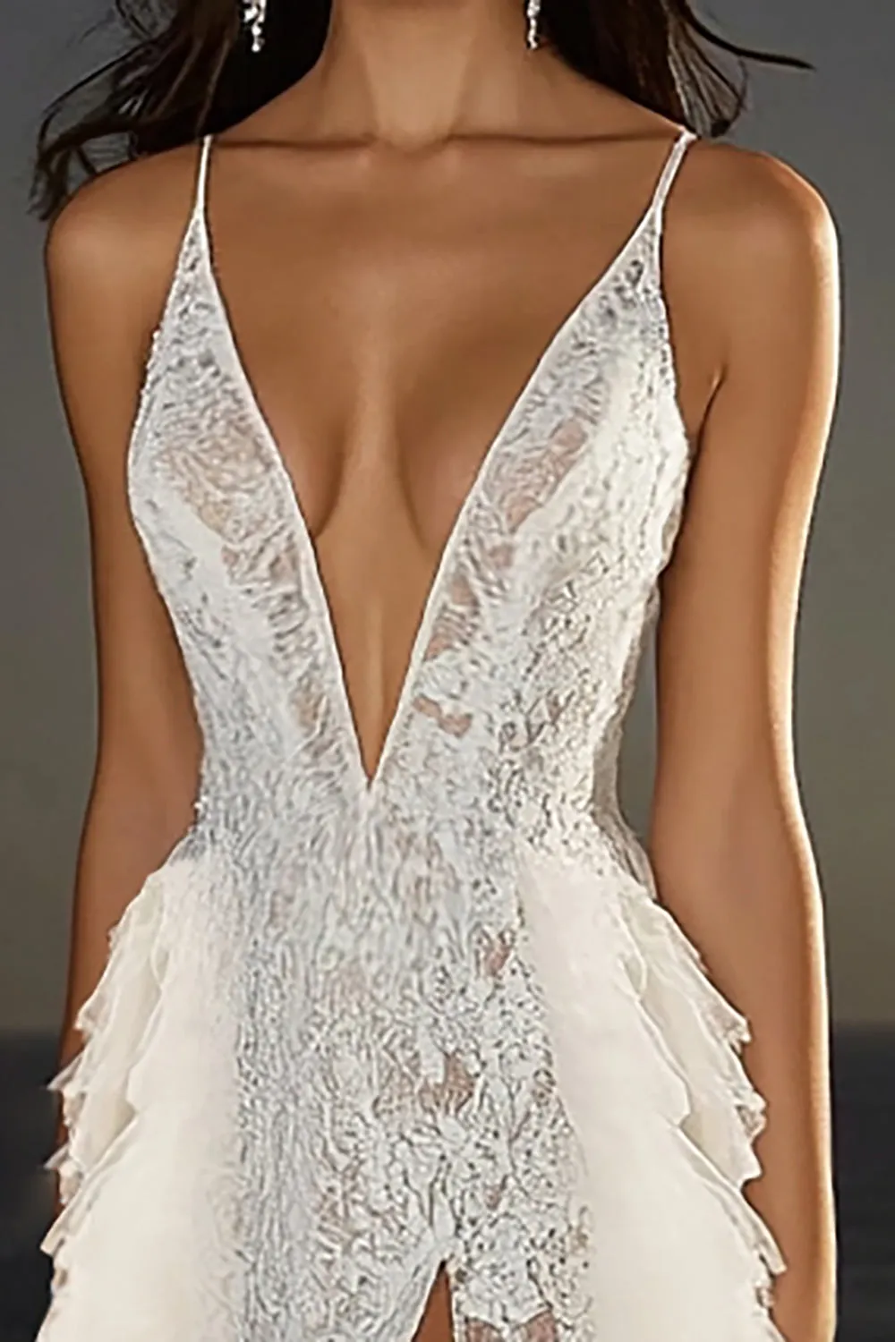 Tulle Lace Spaghetti Straps Ruffled A Line Wedding Dress With Slit sold by Zapaka product image thumbnail 2