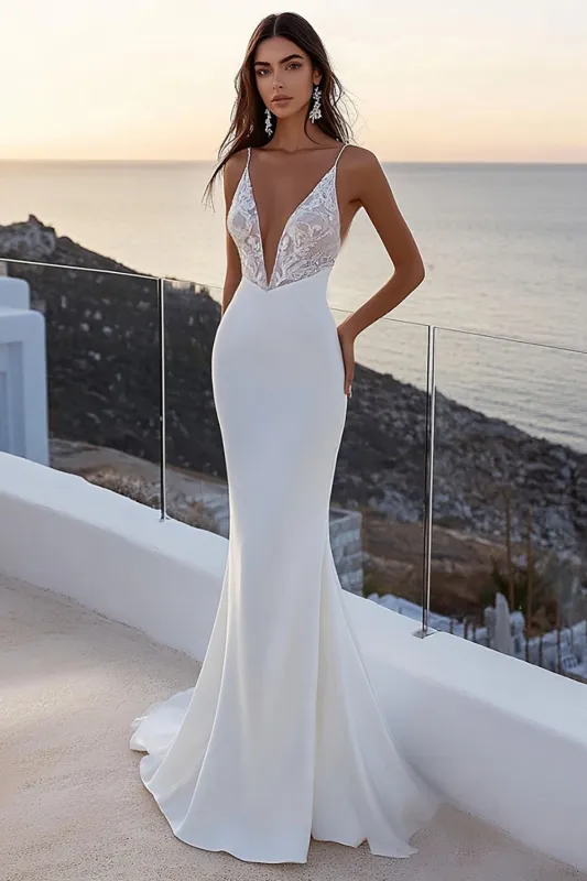 Spaghetti Straps Mermaid Ivory Satin Lace Wedding Dress made by Zapaka