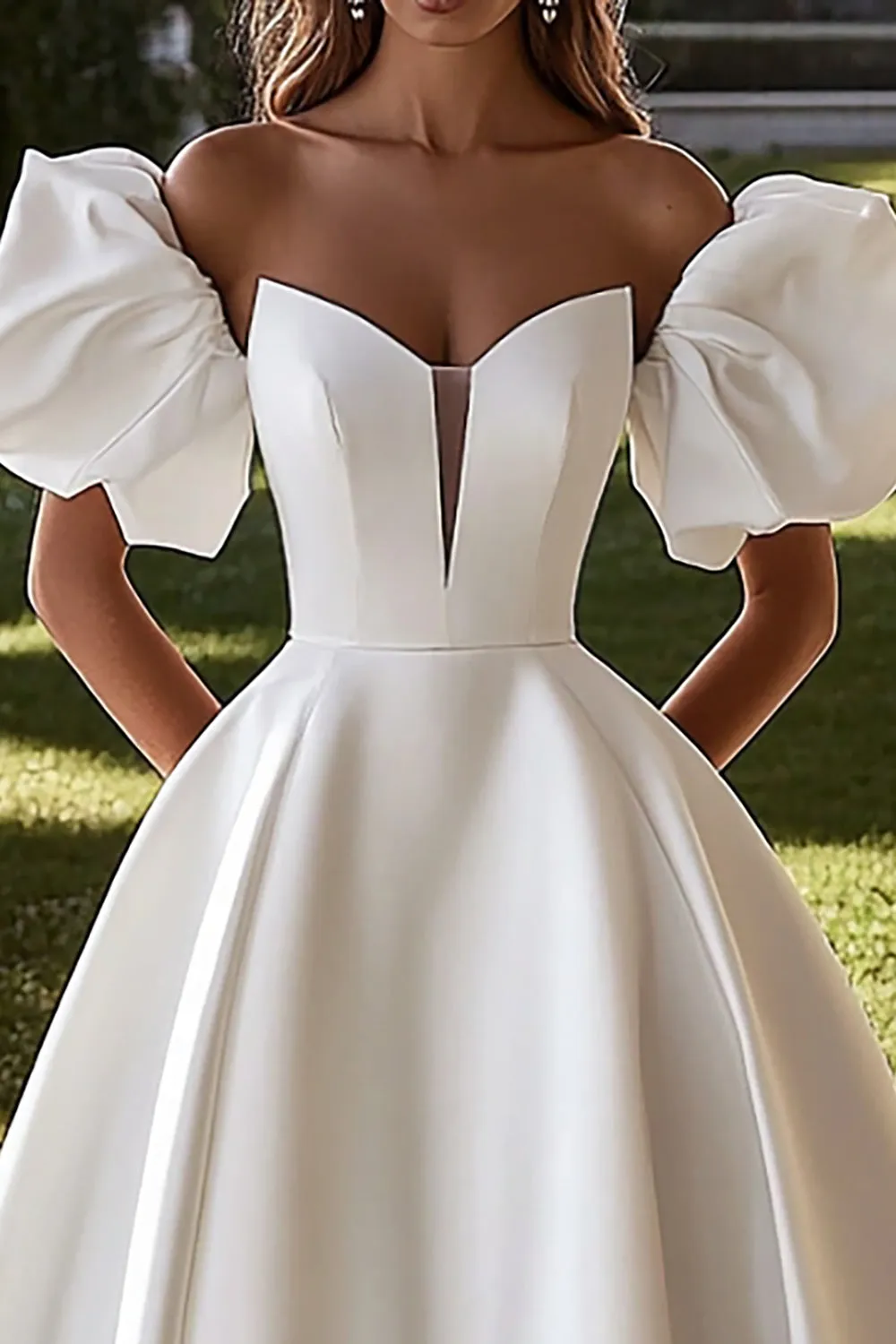 Strapless Ivory Satin Wedding Dress With Puff Sleeves sold by Zapaka product image thumbnail 2