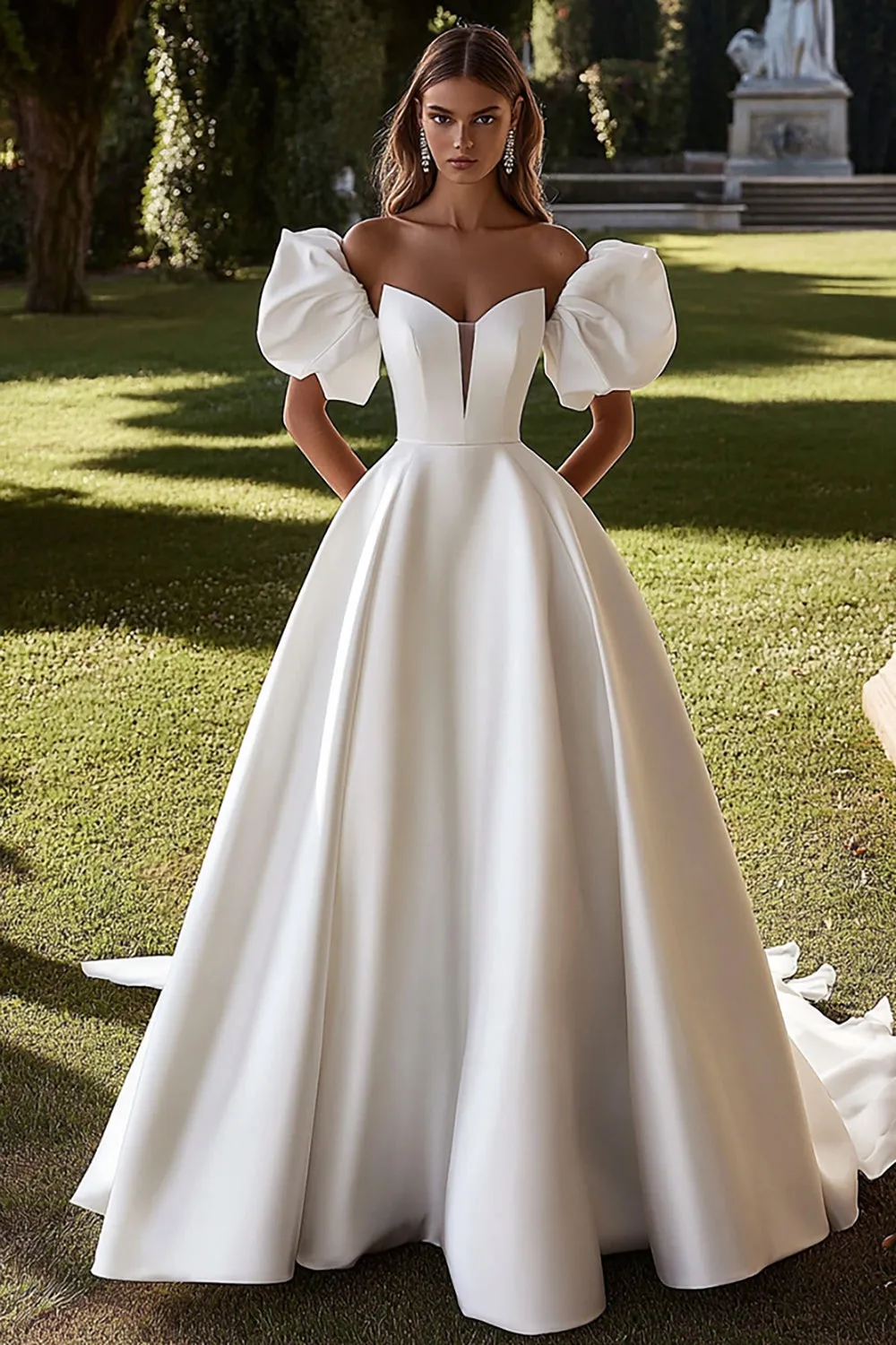 Strapless Ivory Satin Wedding Dress With Puff Sleeves sold by Zapaka