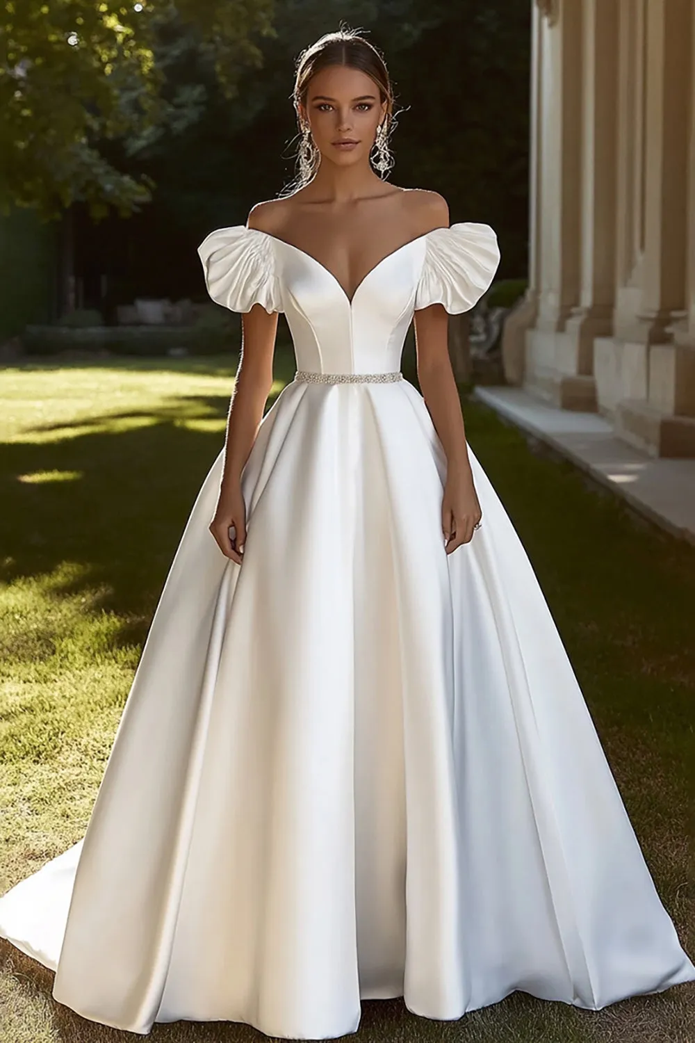 Ivory Satin A Line Off The Shoulder Wedding Dress sold by Zapaka