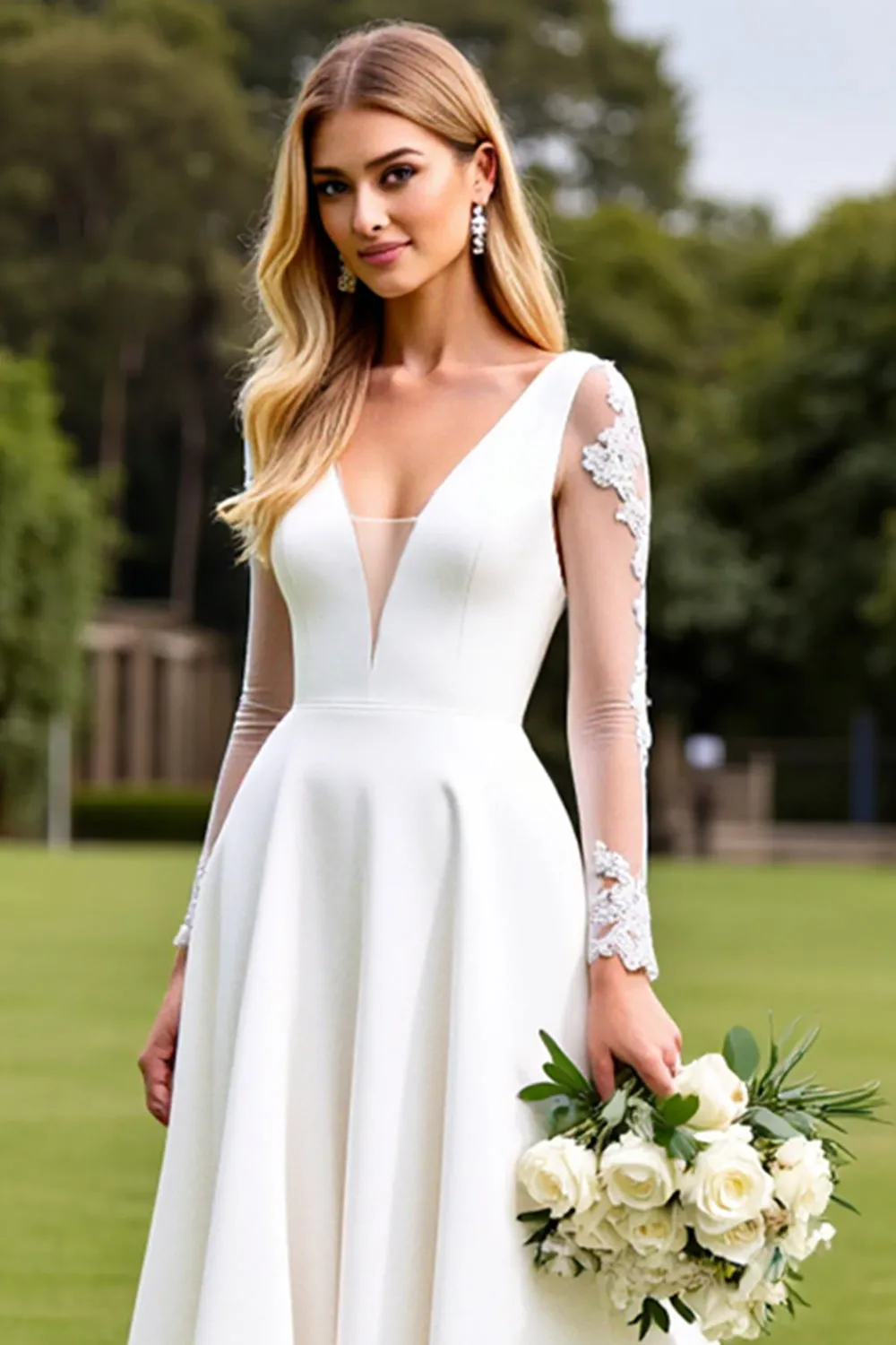 White A-Line Deep V Neck Satin Long Sleeves Bridal Dress With Lace sold by Zapaka product image thumbnail 4