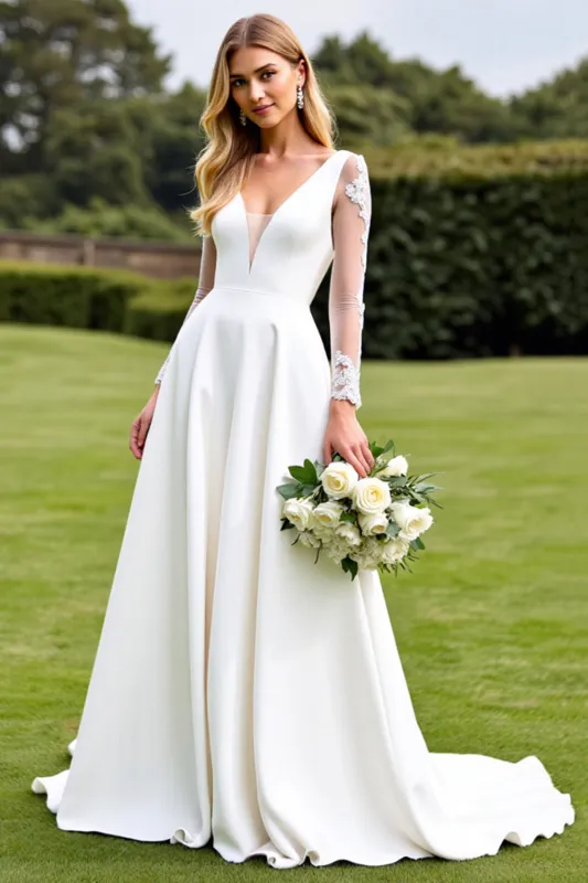 White A-Line Deep V Neck Satin Long Sleeves Bridal Dress With Lace sold by Zapaka