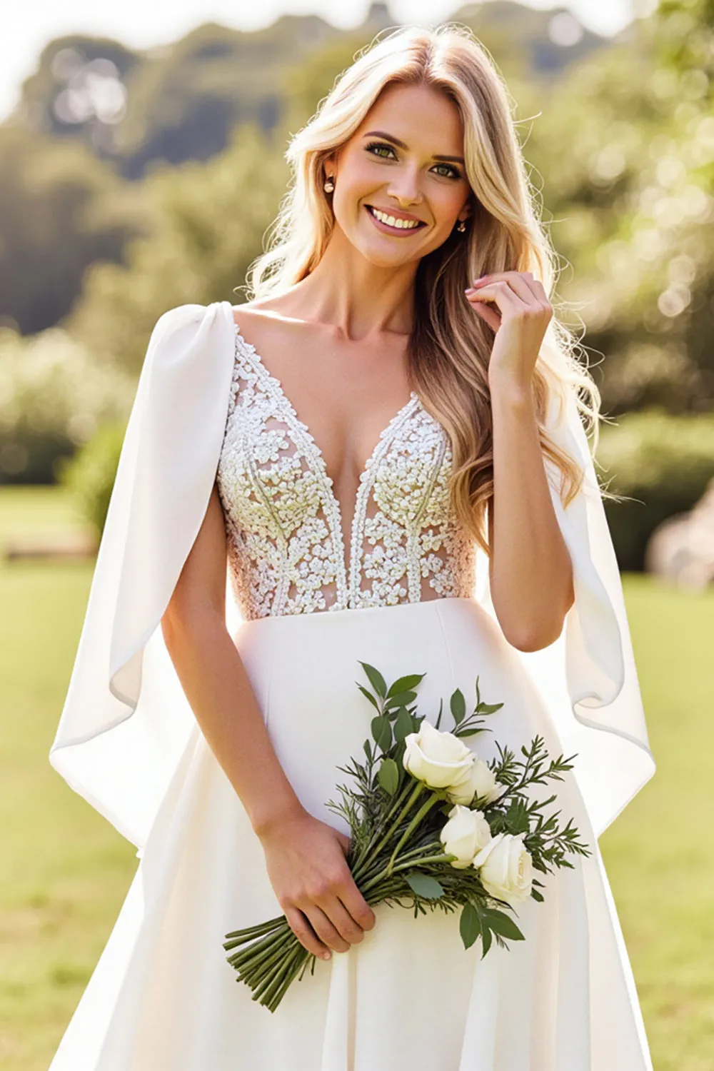 White Lace Corset Deep V Neck A-Line Long Bridal Dress With Cape sold by Zapaka product image thumbnail 2