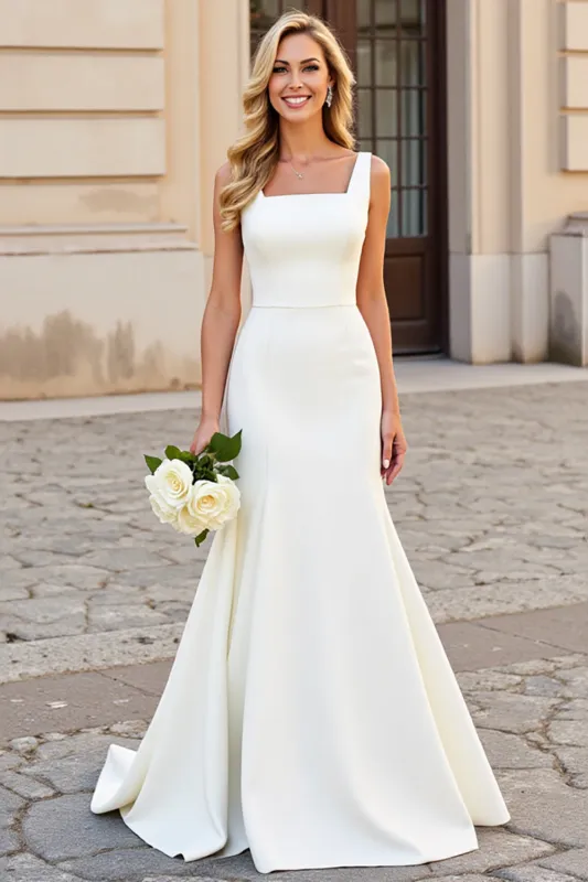 White Mermaid Square Neck Satin Long Bridal Dress sold by Zapaka