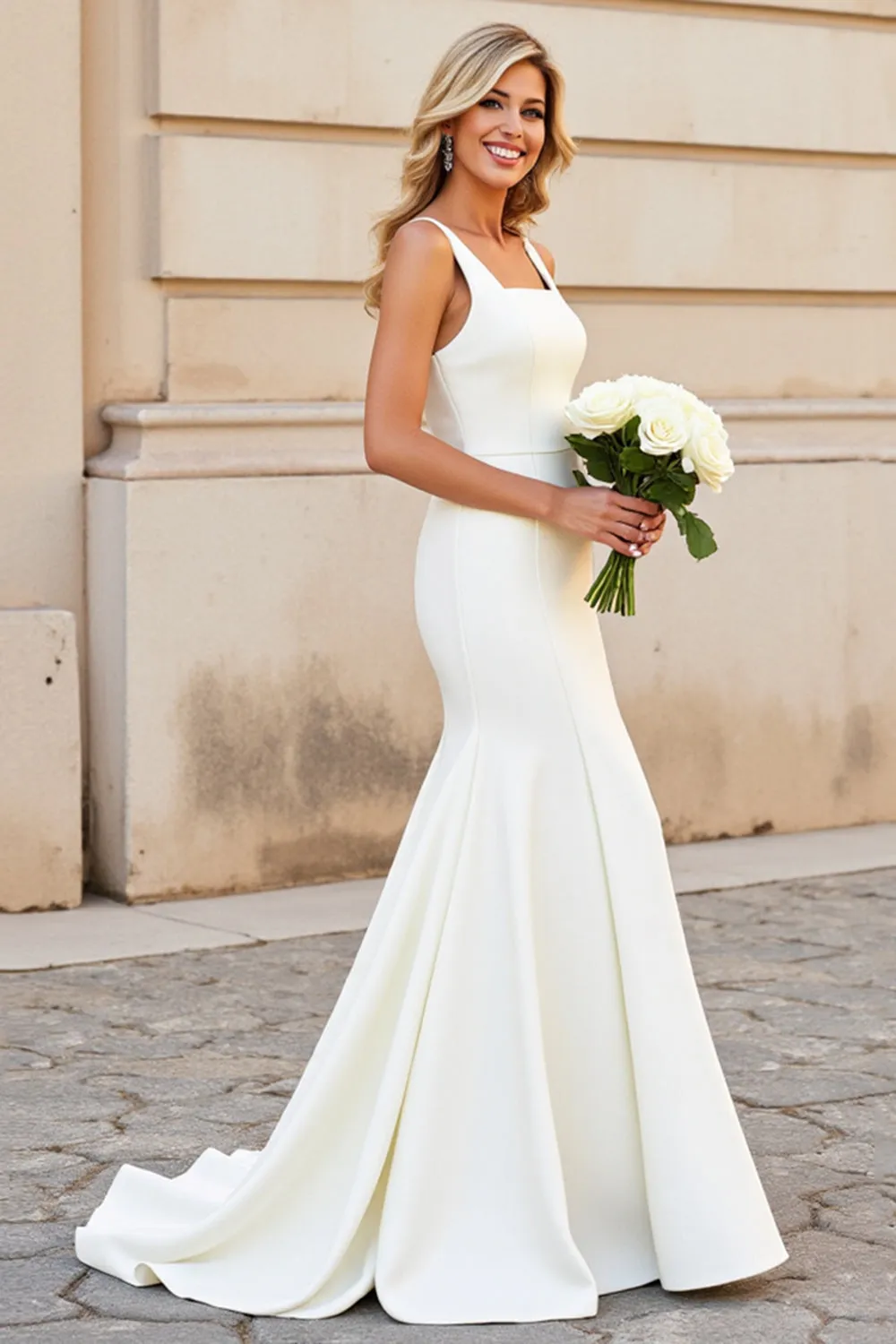 White Mermaid Square Neck Satin Long Bridal Dress sold by Zapaka product image thumbnail 3