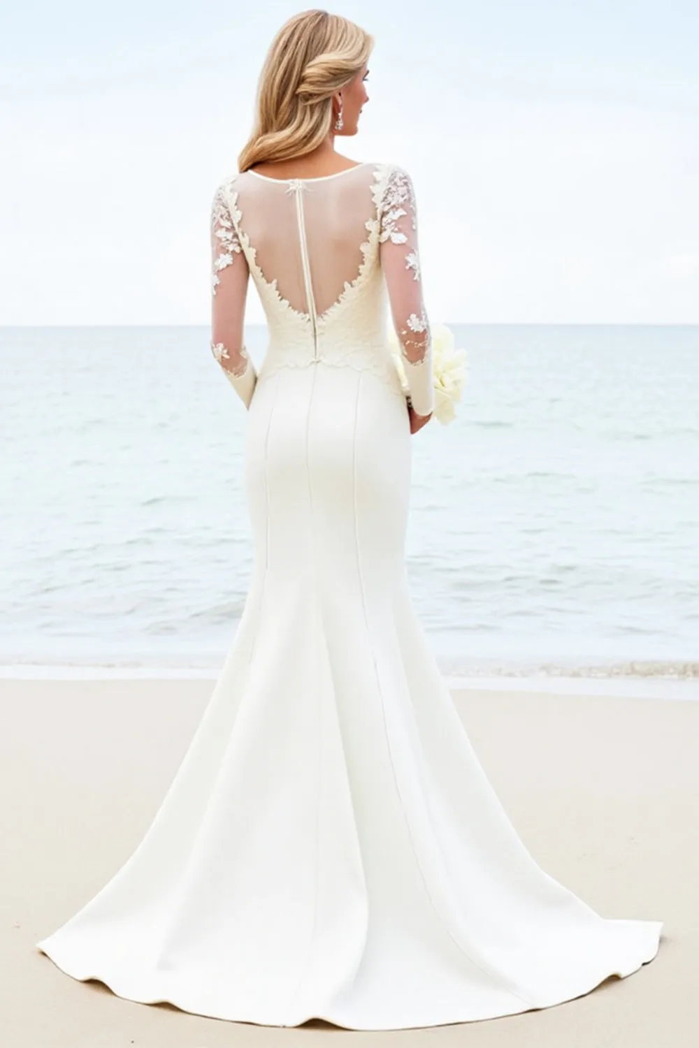 White Illusion Neck Mermaid Long Sleeves Satin Bridal Dress With Appliques sold by Zapaka product image thumbnail 2