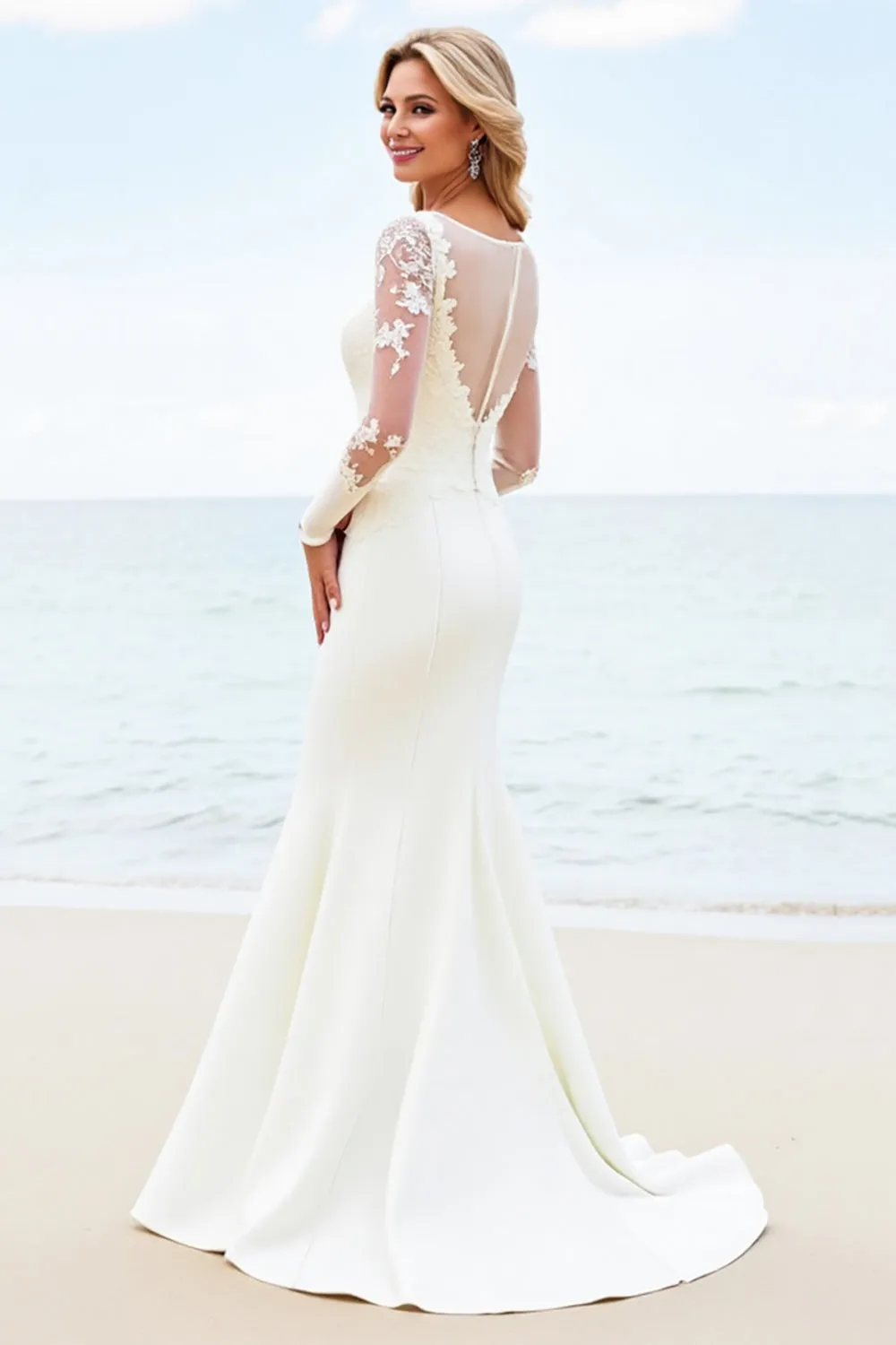 White Illusion Neck Mermaid Long Sleeves Satin Bridal Dress With Appliques sold by Zapaka product image thumbnail 3