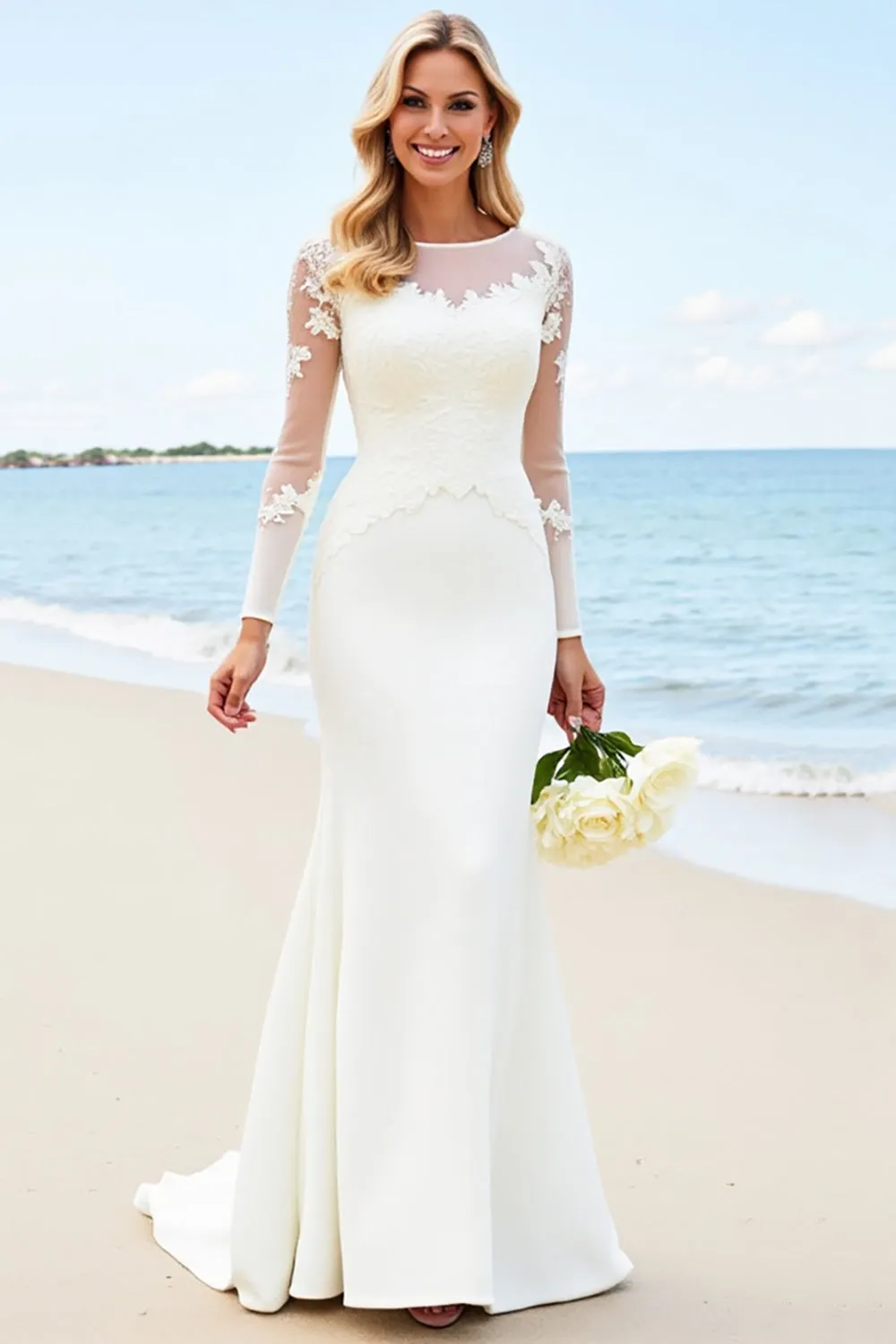White Illusion Neck Mermaid Long Sleeves Satin Bridal Dress With Appliques sold by Zapaka