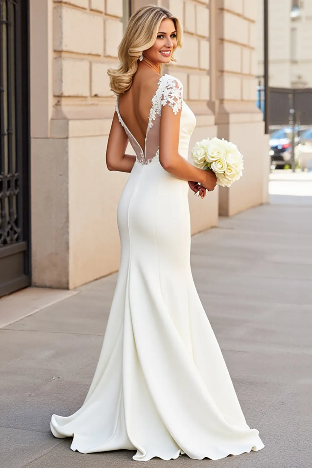 White Mermaid V Neck Half Sleeves Long Bridal Dress With Appliques sold by Zapaka product image thumbnail 2