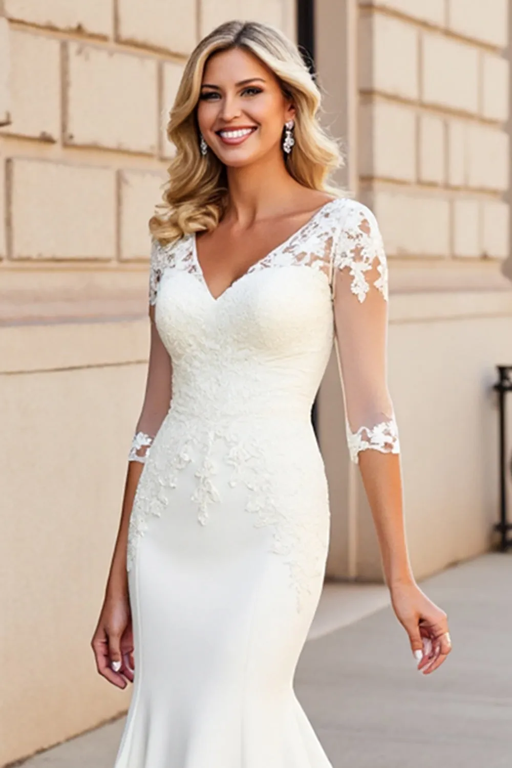White Mermaid V Neck Half Sleeves Long Bridal Dress With Appliques sold by Zapaka product image thumbnail 3