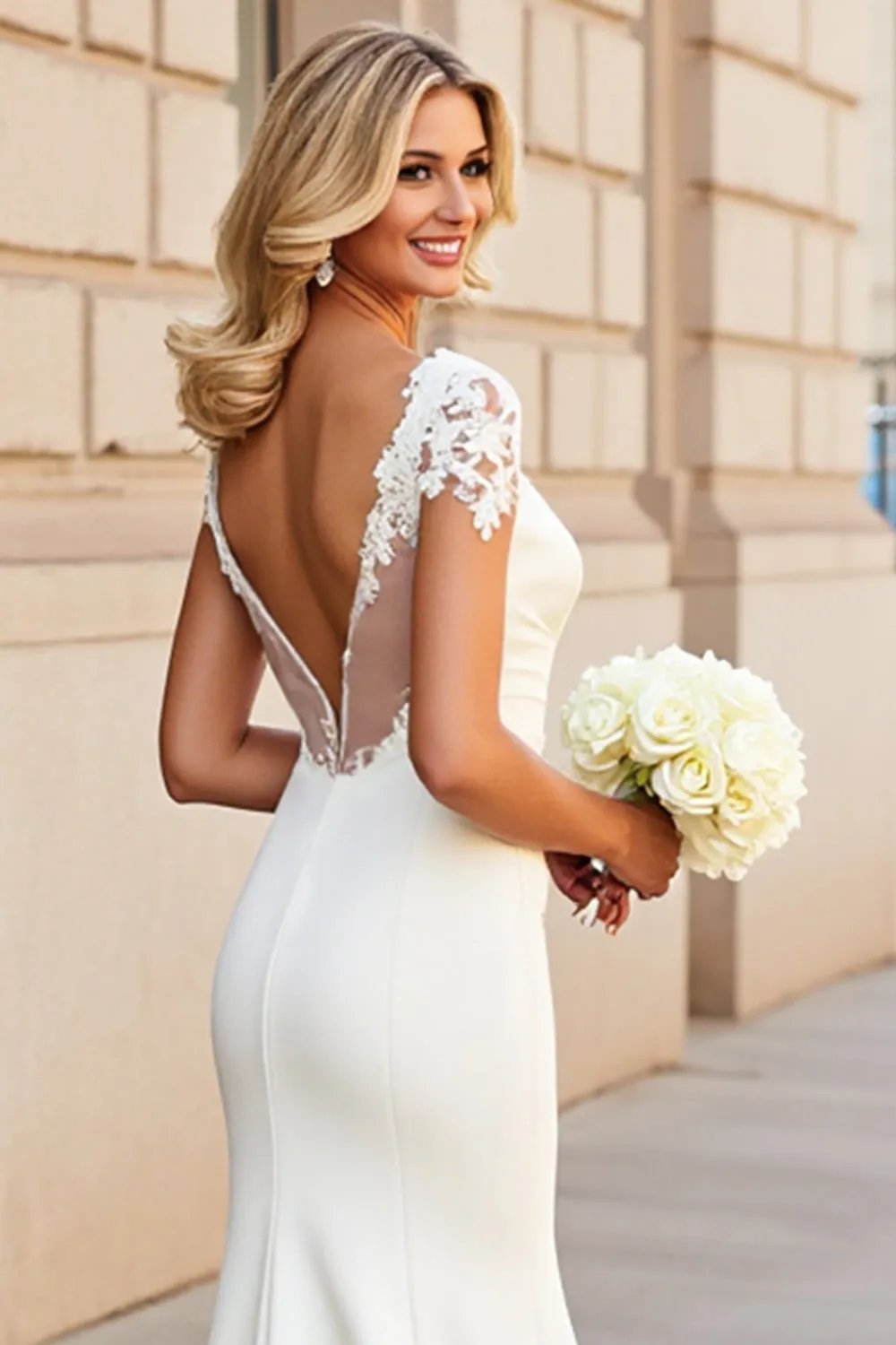 White Mermaid V Neck Half Sleeves Long Bridal Dress With Appliques sold by Zapaka product image thumbnail 4
