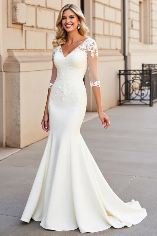White Mermaid V Neck Half Sleeves Long Bridal Dress With Appliques sold by Zapaka
