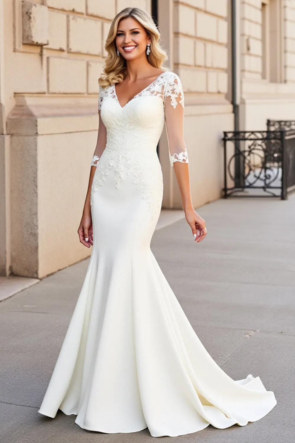 White Mermaid V Neck Half Sleeves Long Bridal Dress With Appliques sold by Zapaka