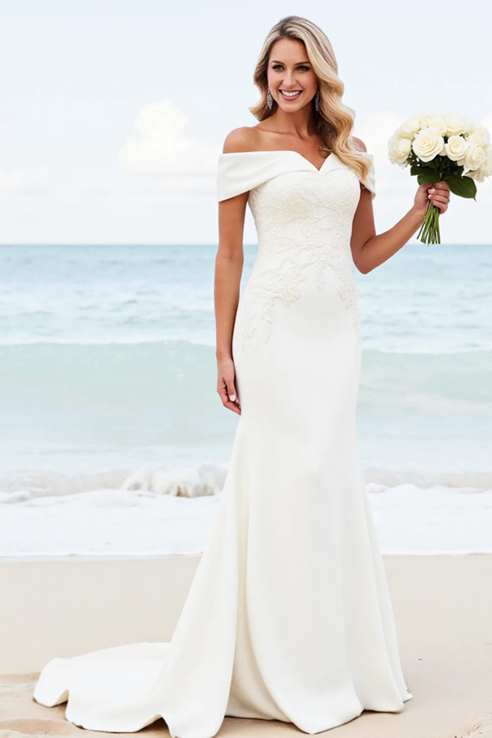 White Mermaid Satin Off The Shoulder Long Bridal Dress sold by Zapaka