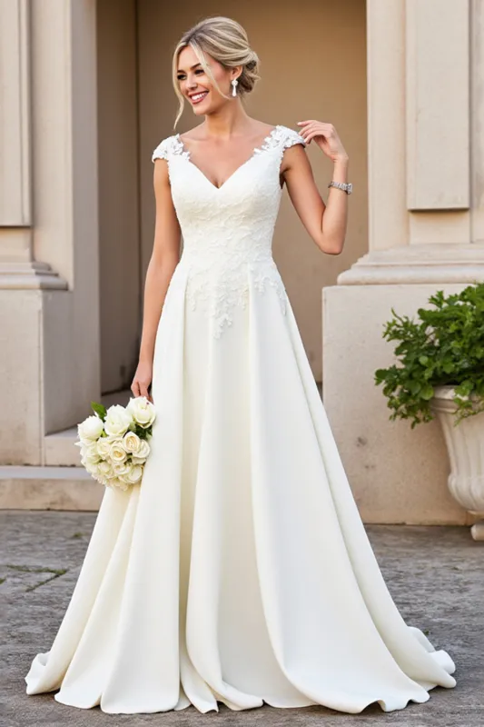 Ivory A-Line V Neck Satin Long Bridal Dress With Lace sold by Zapaka