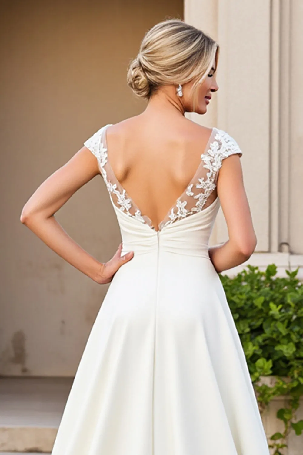 Ivory A-Line V Neck Satin Long Bridal Dress With Lace sold by Zapaka product image thumbnail 5