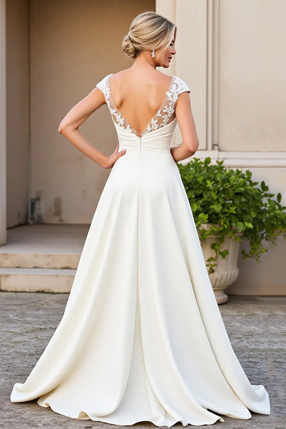 Ivory A-Line V Neck Satin Long Bridal Dress With Lace sold by Zapaka product image thumbnail 2