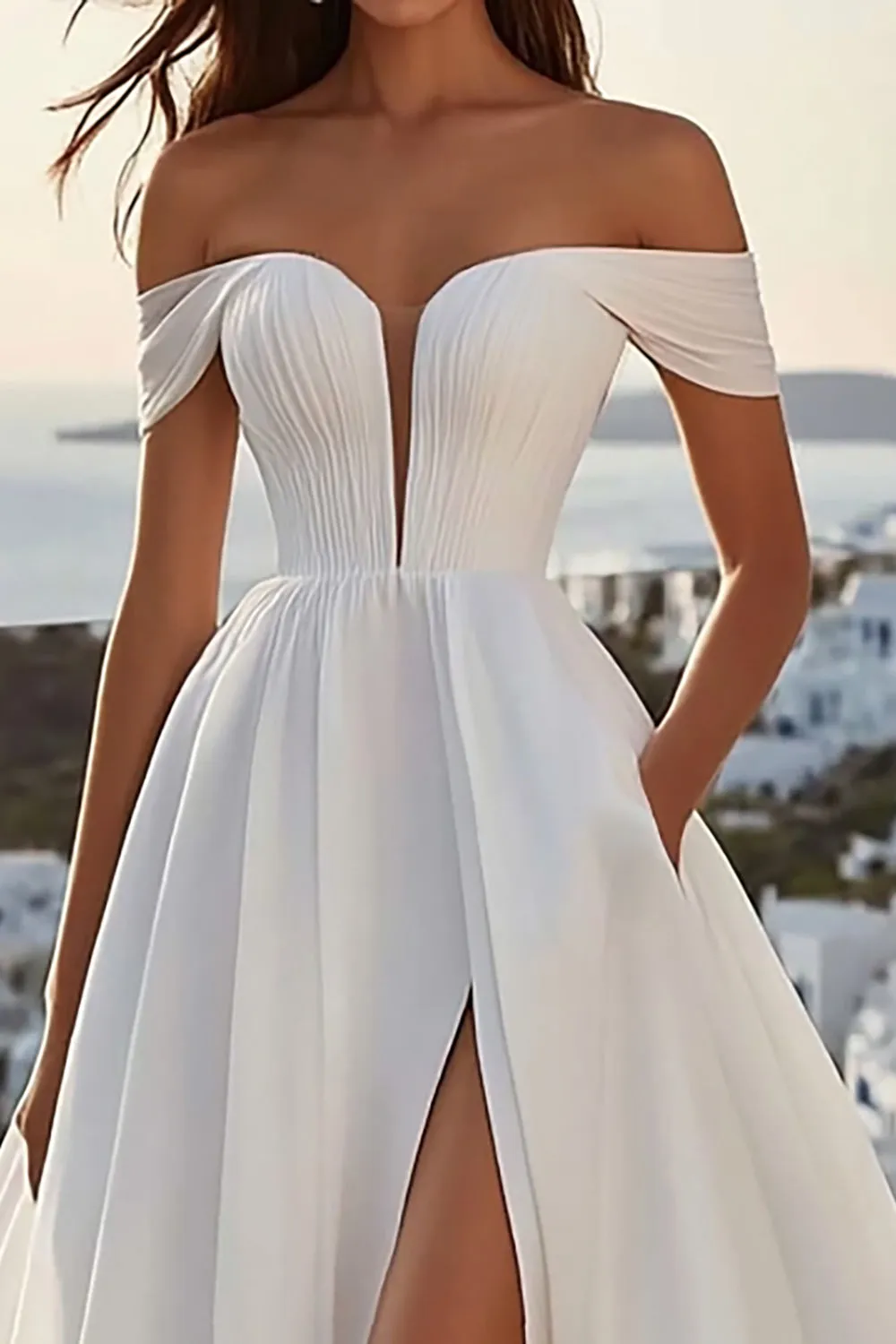Ivory Off The Shoulder A Line Wedding Dress With Slit sold by Zapaka product image thumbnail 2
