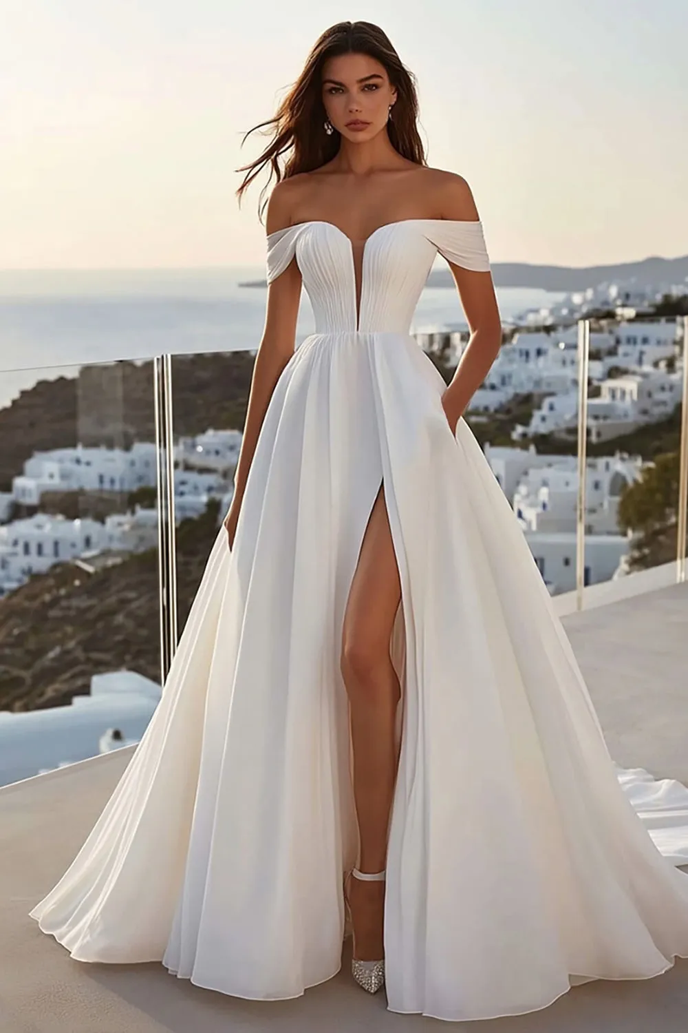 Ivory Off The Shoulder A Line Wedding Dress With Slit sold by Zapaka