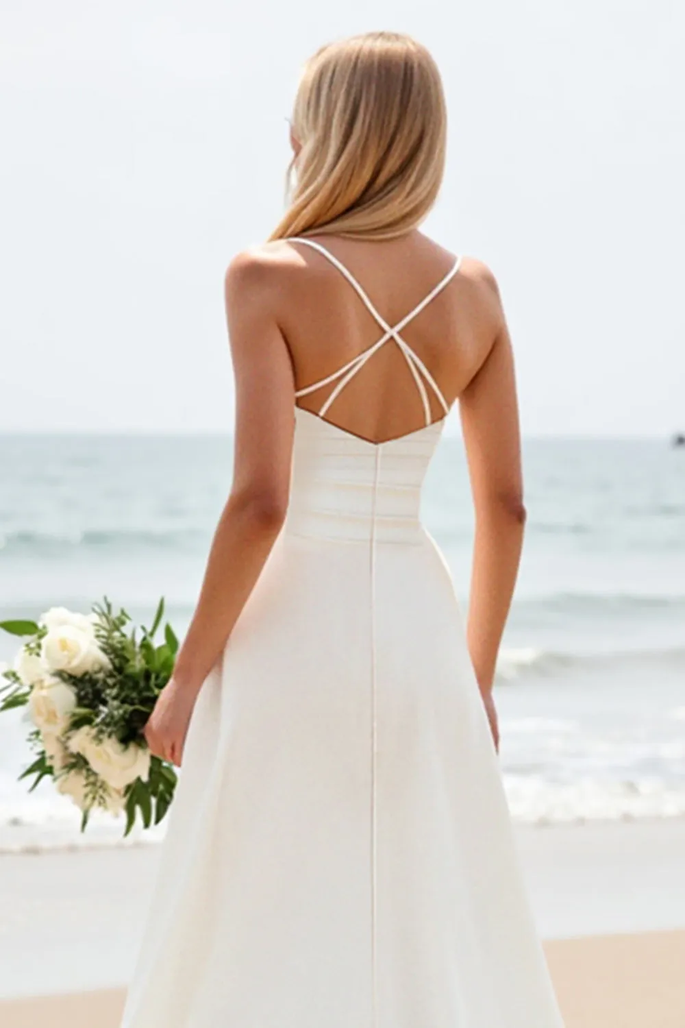 Simple White A-Line Spaghetti Straps Satin Long Bridal Dress sold by Zapaka product image thumbnail 4